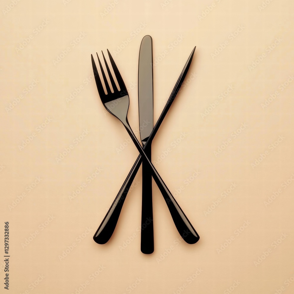 Aufkleber black fork and knife arranged in a crossed pattern on a beige background for culinary presentation. 