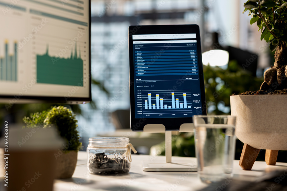 Poster empty business workspace with device showing data analytics and infographics, a corporate space with