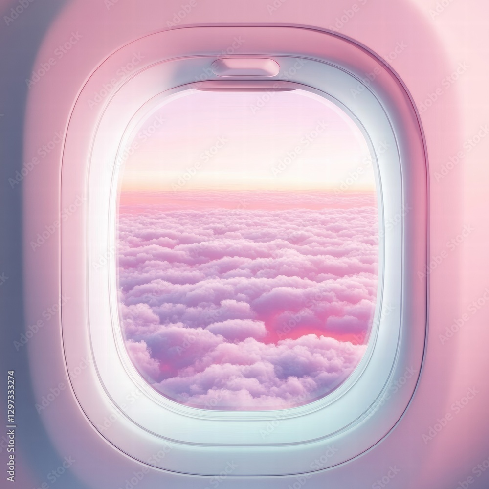 Poster view of a colorful sky and clouds from an airplane window at sunset over a serene landscape. generat