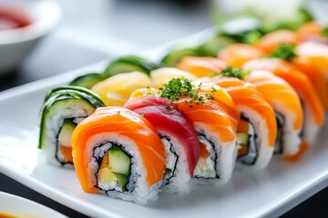 Colorful assorted sushi rolls with fresh salmon and tuna on a white plate