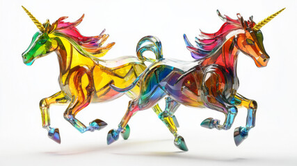 Colorful Glass Sculptures of Two Running Unicorns