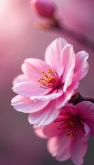Fototapeta premium Delicate pink blossoms, soft focus, lush petals, cherry blossom, light pink