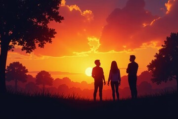 Fototapeta premium Silhouetted figures of teens enjoying sunset in a park , sky, nature