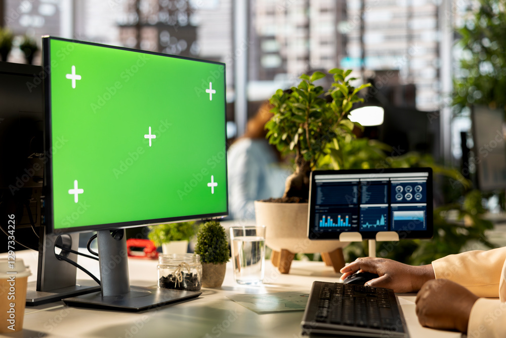 Poster african american employee uses green screen and evaluating performance metrics, working with statist