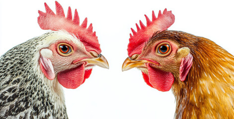 chickens facing each other with detailed feathers, red combs, and wattles, ideal for farm themes, organic food marketing, and rural lifestyle photography
