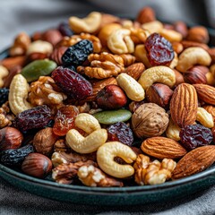 Close-up of a bowl filled with a mix of nuts, seeds, and dried cranberries.