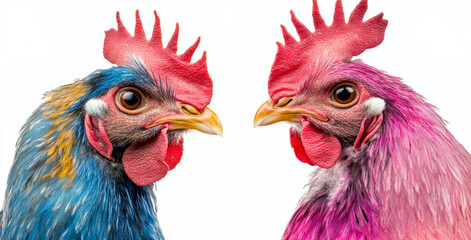 Fototapeta premium chickens facing each other with detailed feathers, red combs, and wattles, ideal for farm themes, organic food marketing, and rural lifestyle photography