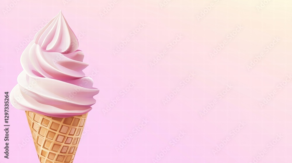 Poster Soft serve ice cream in a waffle cone with a pastel pink background and smooth creamy texture. Generative AI