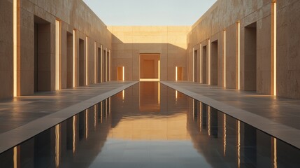 Fototapeta premium Minimalist beige architecture with reflecting pool.