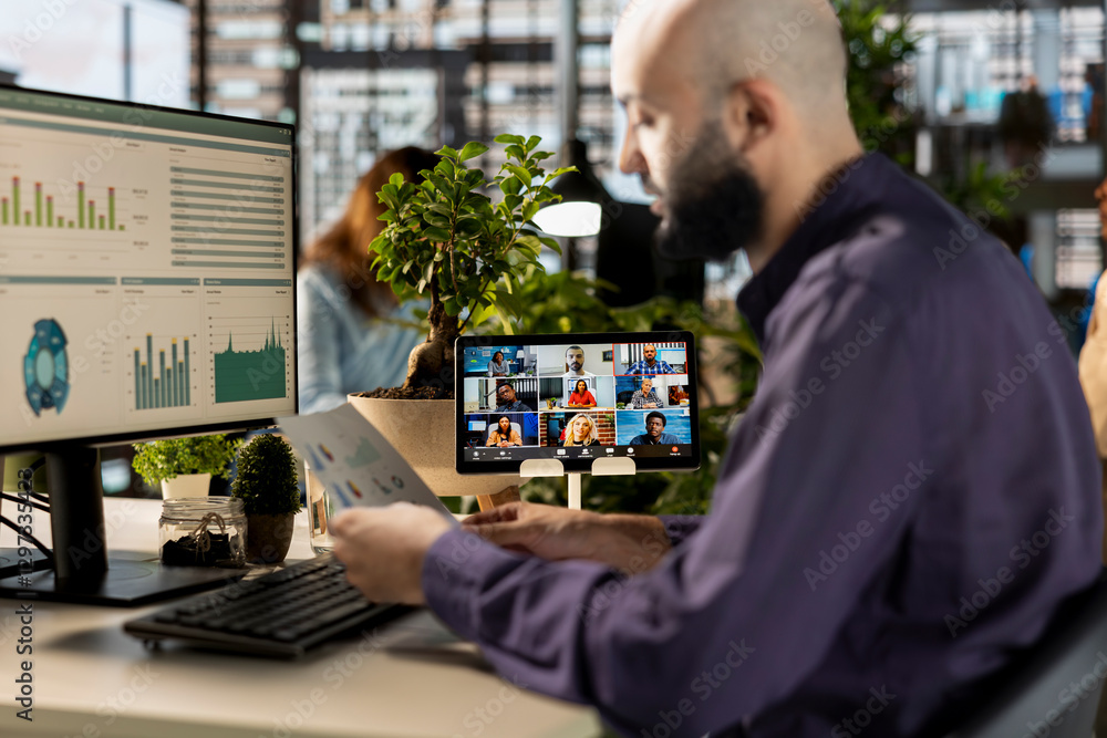 Poster expert analyst studying a financial report with shareholders on video call, discussing about the cur