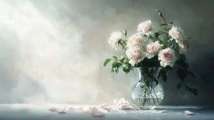 Elegant bouquet of pale pink roses in a clear glass vase on a table, with scattered petals.