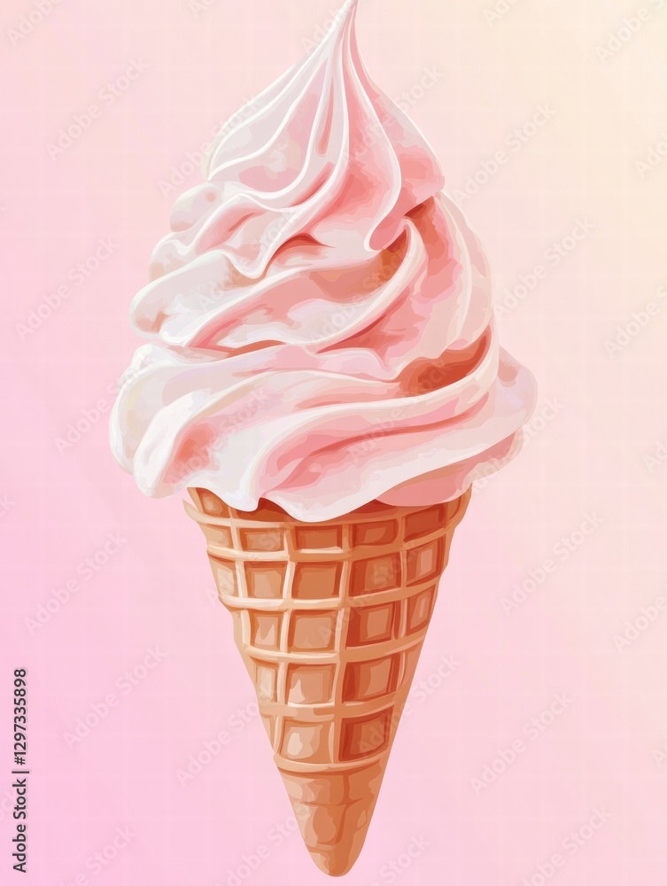 Poster soft serve ice cream cone with pink swirl on a pastel background perfect for summer treat. generativ