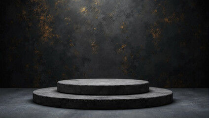 Dark rock podium in an empty room. Mockup for product presentation.