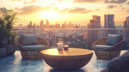 Rooftop sunset view with wicker chairs and coffee table.