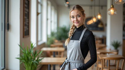Smiling restaurant server in gray apron standing in modern cafe interior. Hospitality industry portrait.
