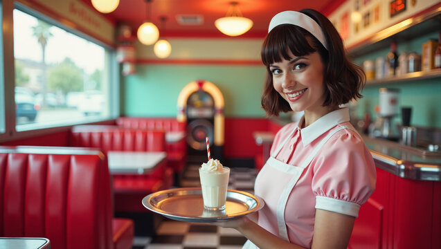 Waitress in retro 1950s uniform serving milkshake in vintage American diner. Nostalgic restaurant scene.