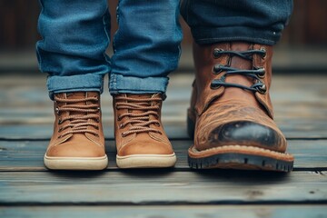 Child and adult feet in brown boots on wooden deck
