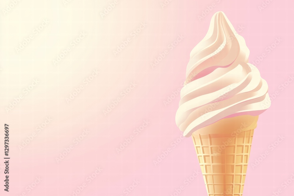 Poster creamy soft serve ice cream cone with a pink background inviting summer enjoyment and tasty treats. 