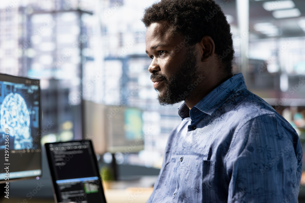 Poster cheerful employee utilizing ai cloud computing resources and platforms to train and deploy large sca