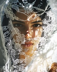 A beautiful Arabian woman, her skin is covered in delicate lace patterns, she has long black hair and stands under an open white veil that floats in the wind. The light casts intricate shadows on her 
