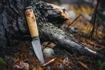 Rustic knife with wooden handle and engraved blade in forest setting