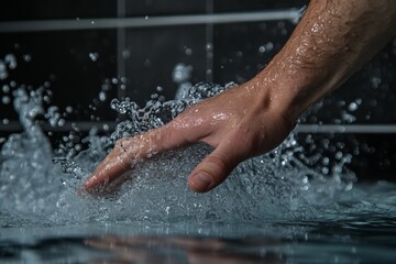 Fototapeta premium Male hand splashing water creating dynamic motion against dark background
