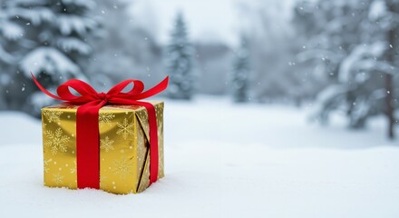 Golden gift box with a red ribbon resting on fresh snow in a tranquil winter landscape, conveying a festive and joyful atmosphere during the holiday season