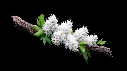 White flowers on branch, black background, nature