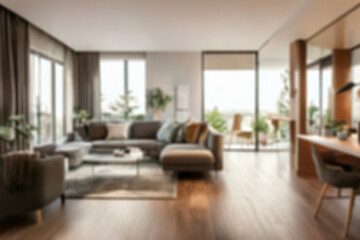 Blurred view of modern living room with sofa and soft bench. room interior with couch, armchair and coffee table or shelving units. stylish living room. comfortable workplace near big window.