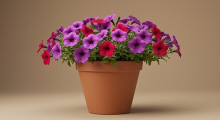 Vibrant petunias in a terracotta pot exuding a cheerful and inviting atmosphere against a neutral background
