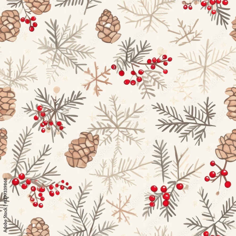 Aufkleber nature inspired design with pine cones and red berries on a light background for festive decor and c