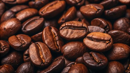 Fototapeta premium Dark roasted coffee beans background. Rich, flavorful, and aromatic, ideal for coffee-related designs. 