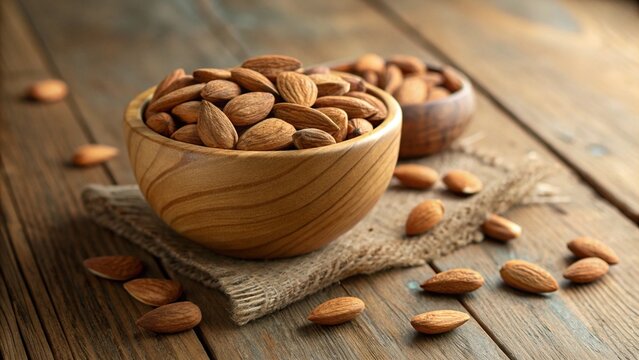 Pile of almonds in a wooden bowl, presented on a burlap cloth and wooden board. Healthy eating concept.
