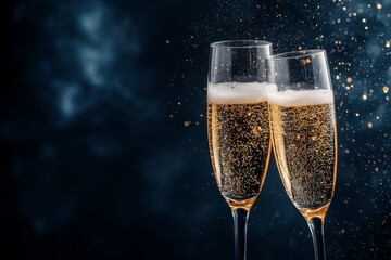 celebration cheers with pair of champagne flutes clinking together against a dark blue, elegant background, capturing the effervescence of the drink, minimal background with copy space