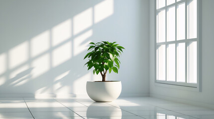 Fototapeta premium Inviting Indoor Space with a Lush Green Tree in a White Pot Placed in the Corner of a Clean White Room and Lit by Natural Sunlight Coming Through the Window interior Stock Photo