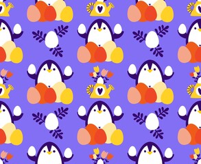 Easter animals seamless penguin and eggs pattern for wrapping paper and fabrics and linens and spring kitchen textiles