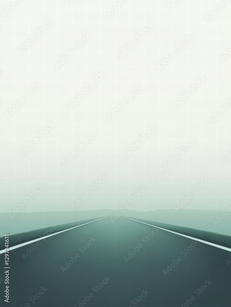Poster foggy road stretches into the distance with muted colors creating a sense of mystery and solitude in