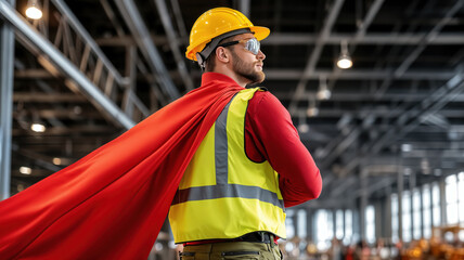 Supervisor wearing superhero cape and safety vest embodies industrial workplace empowerment