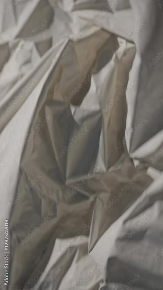 Poster close-up video of crumpled paper texture, showcasing intricate folds and shadows. captured from a to