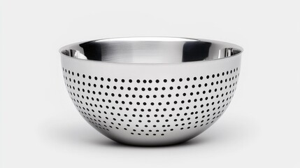 Stainless steel perforated bowl on white. Kitchen utensil for draining