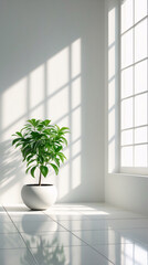 Serene Green Tree in a White Pot Placed in the Corner of a Bright White Room Bathed in Natural Sunlight Streaming Through the Window interior Stock Photo