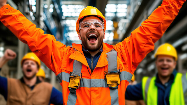 Engineers celebrating success in industrial plant, arms raised in excitement