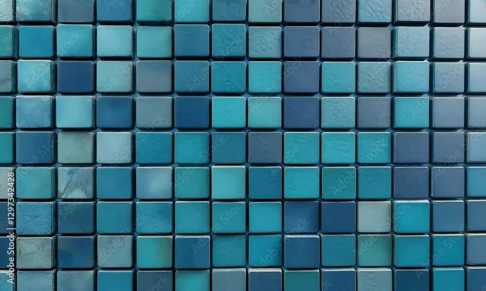 Poster 3d, semigloss mosaic tiles arranged in the shape of a wall. rectangular, futuristic, blocks stacked 