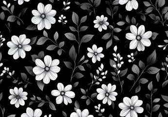 Black and white floral pattern seamless repeat design