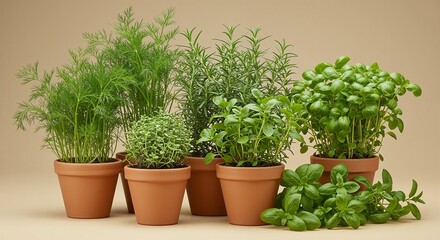 Lush green herbs in terracotta pots conveying a fresh and vibrant mood, beautifully arranged against a soft beige background