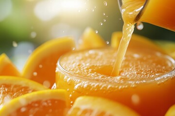 Refreshing pour of fresh orange juice in sunlight with citrus slices