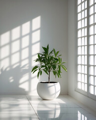 Clean and Peaceful White Room Featuring a Small Green Tree in a White Pot in the Corner Illuminated by Sunlight Coming Through the Window for a Bright Calm Space interior Stock Photo