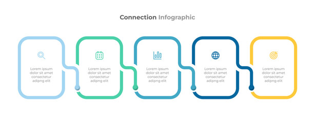 Modern connection infographic template. Timeline process with 5 steps or options. Ideal for business presentations, process flow diagrams, project management