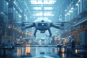 Fototapeta premium Futuristic Drone Soaring Through a Modern Factory