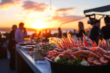 Sunset seafood buffet with diverse adults enjoying outdoor dining at beach
